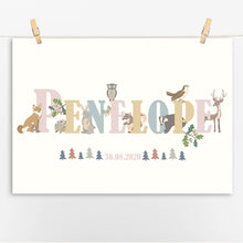 Load image into Gallery viewer, Personalised Woodland Animals Name Print | Various Colours
