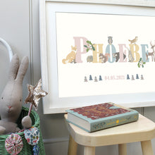 Load image into Gallery viewer, Personalised Woodland Animals Name Print | Various Colours