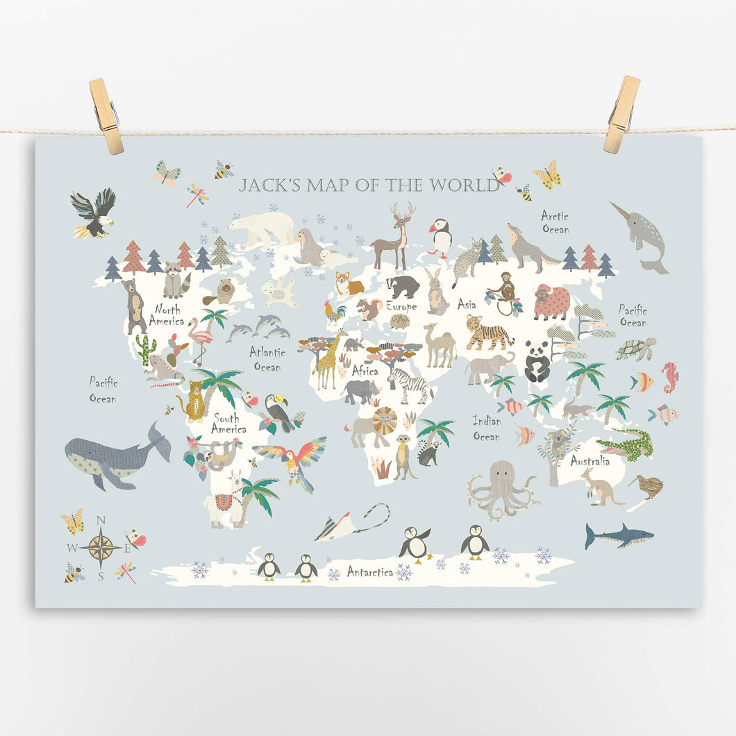 Personalised Animal World Map | Various Colours