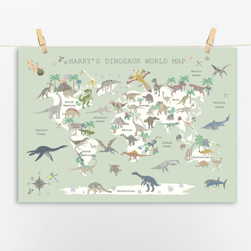 Personalised Dinosaur World Map | Various Colours