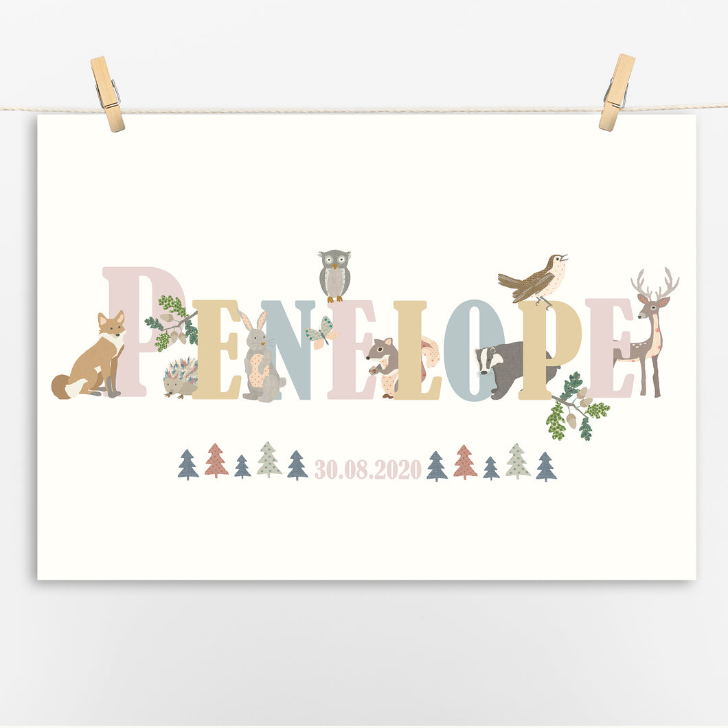 Personalised Woodland Animals Name Print | Various Colours