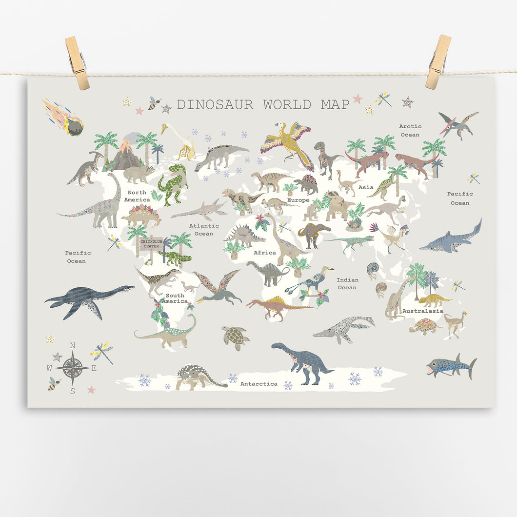 Dinosaur World Map | Grey