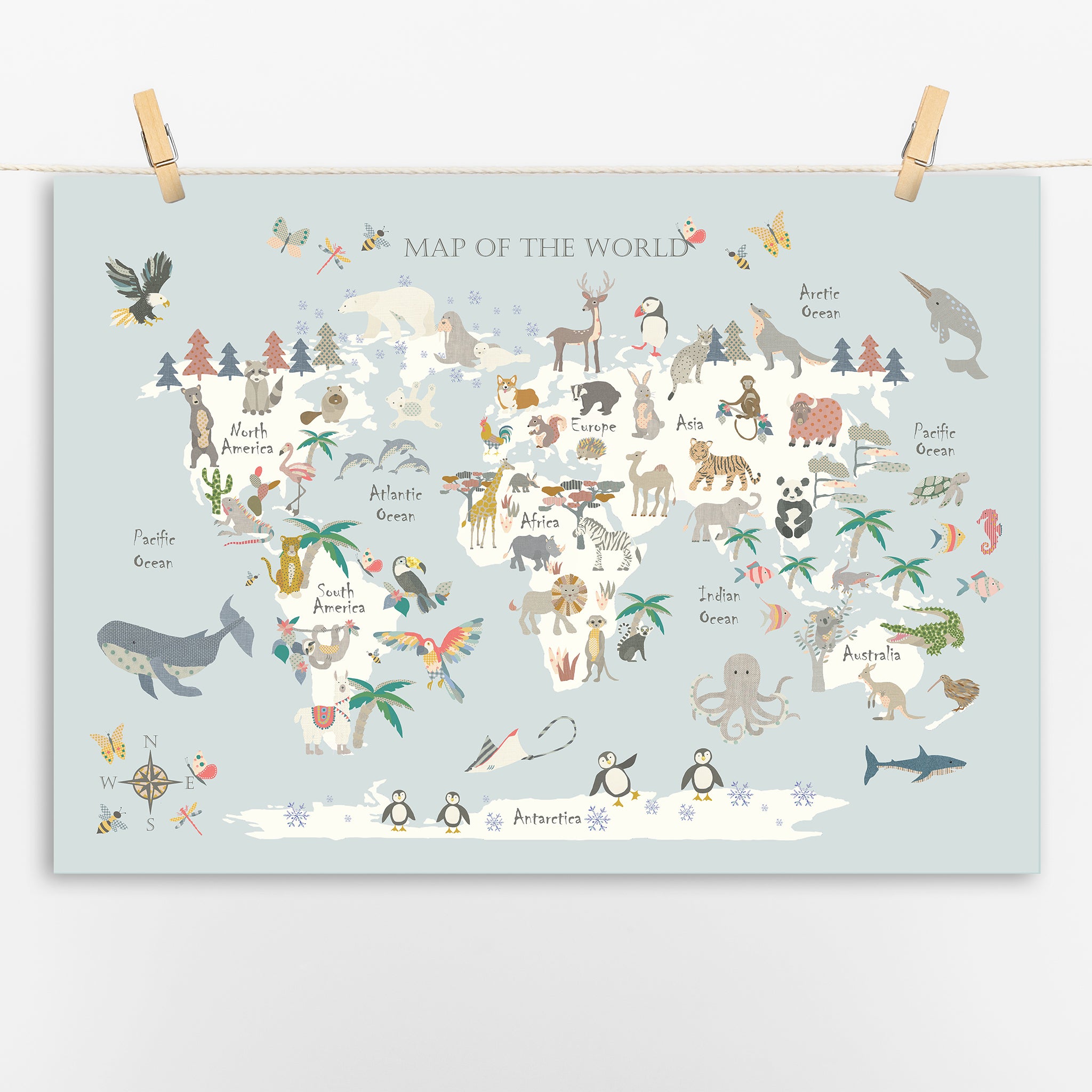 Wildlife World Map Animal World Map Wall Sticker Classic Blue – Owl