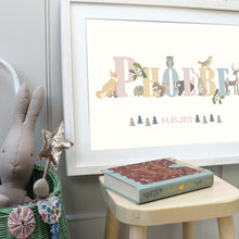 Load image into Gallery viewer, Personalised Woodland Animals Name Print | Various Colours
